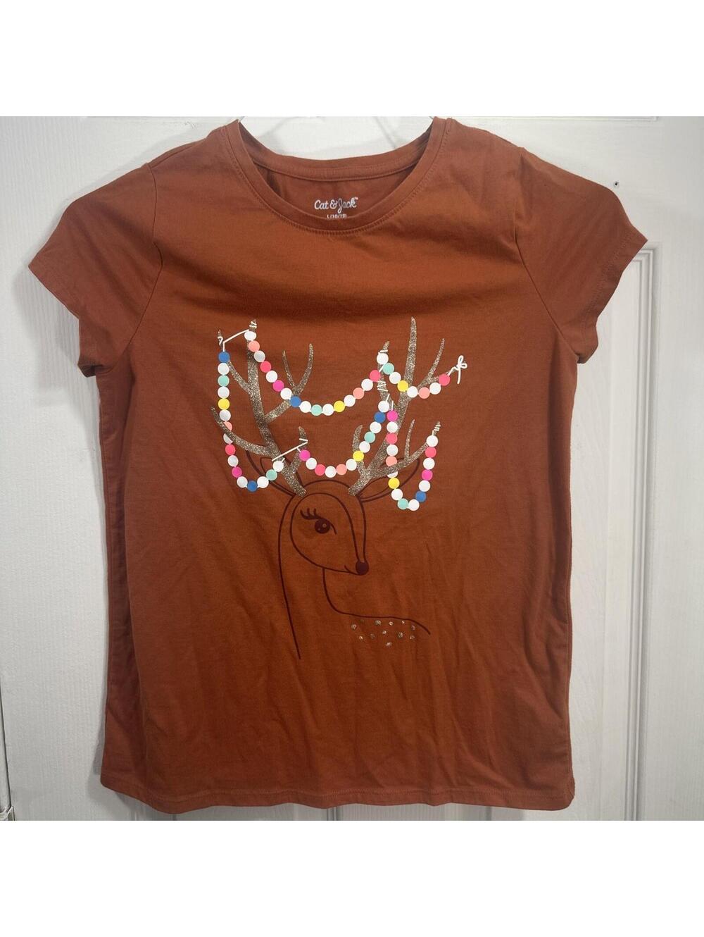 Cat & Jack Graphic T-Shirt Girls L 10/12 Plus Burnt Orange Reindeer Glitter Tee